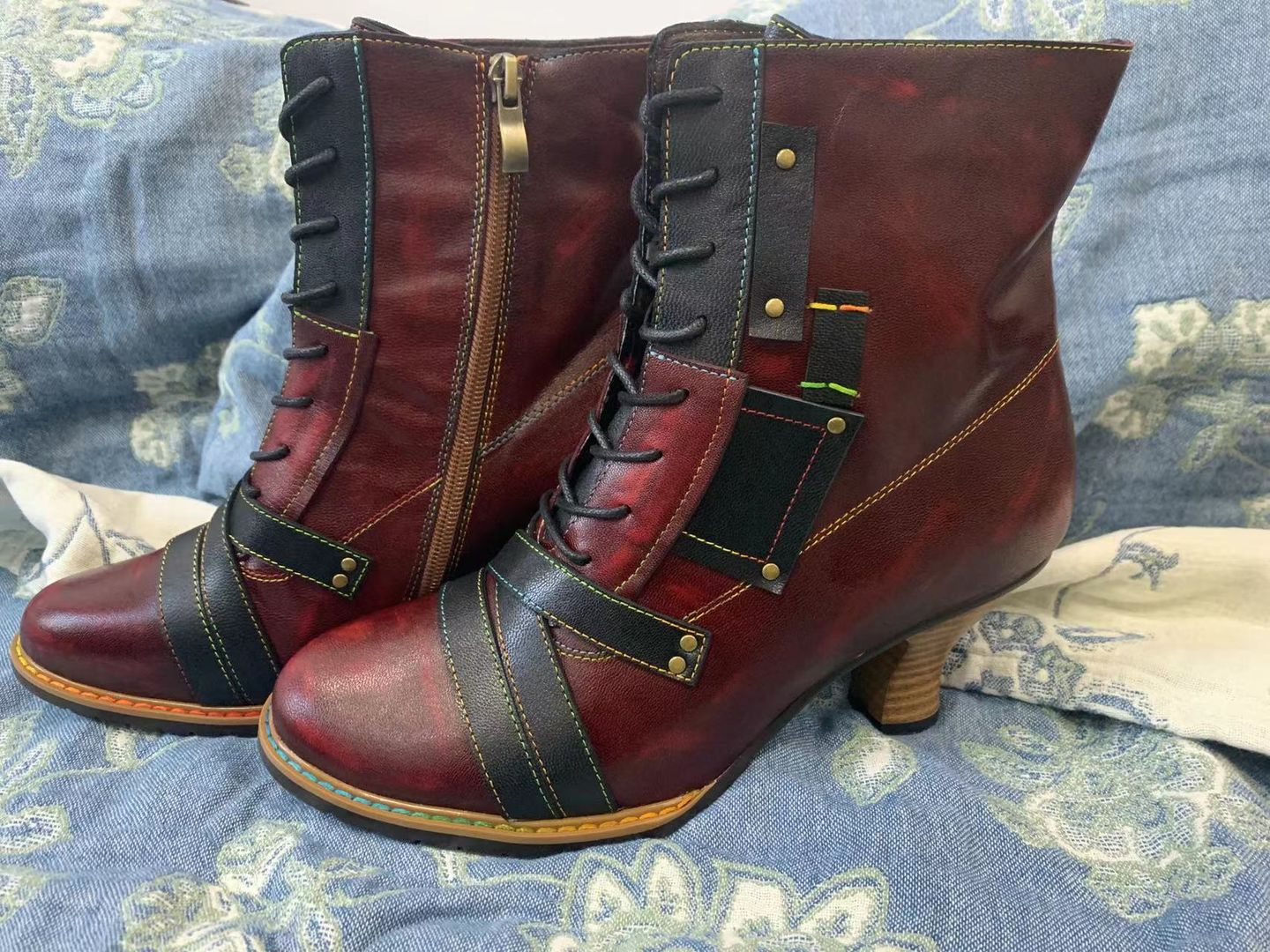 Customer photo review of Handcrafted Vintage Mixed Leather High Heel Ankle Boots