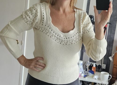 Customer photo review of Cella Birch Eyelet Stitch Pullover