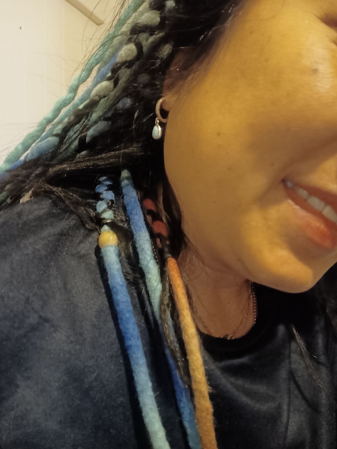 Customer photo review of Little Teardrop Larimar Hoops