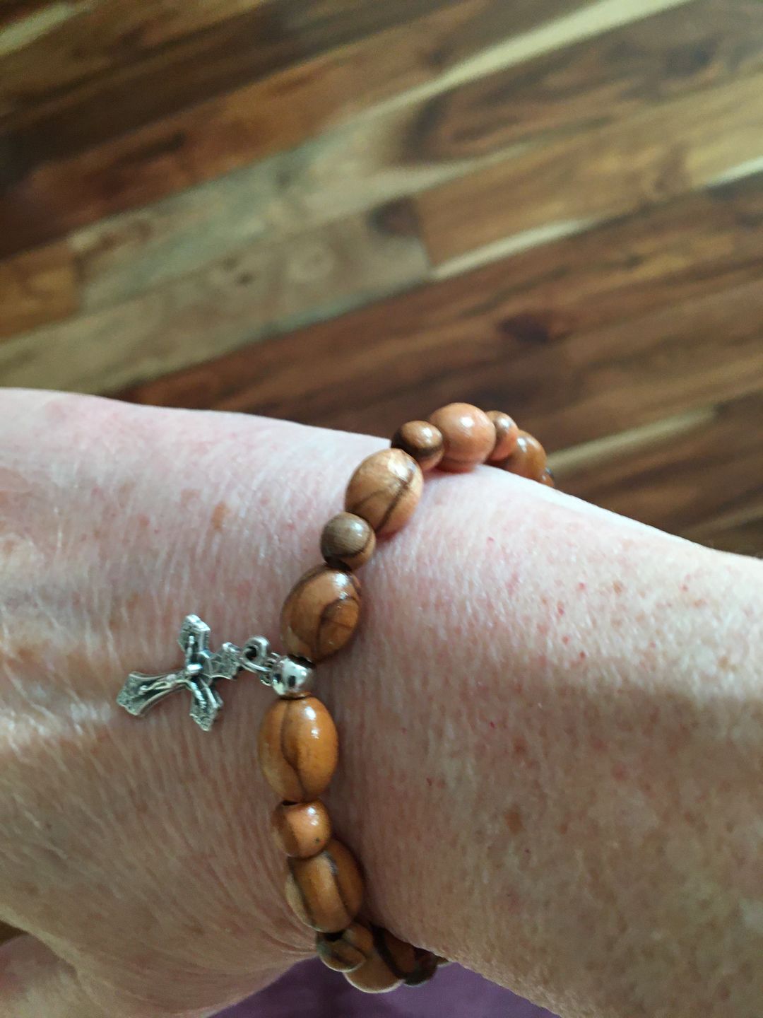 Customer photo review of Olive Wood Bracelet with Cross Pendant
