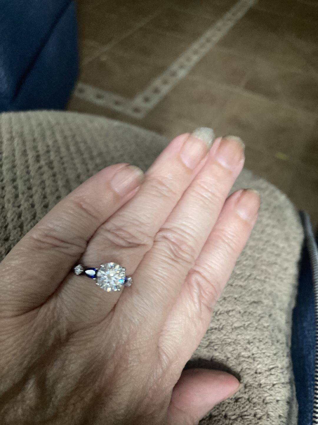 Customer photo review of Five Stone Moissanite And Sapphire Engagement Ring