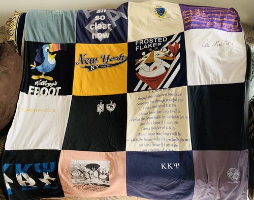 T-shirt quilt with food, travel themes by C. from CA