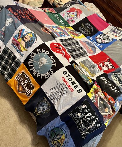T-shirt quilt with music, rock themes by Susan from TN