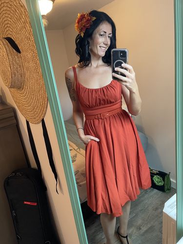 Customer photo review of Ingenue Swing Dress in Pumpkin Spice - Vixen by Micheline Pitt