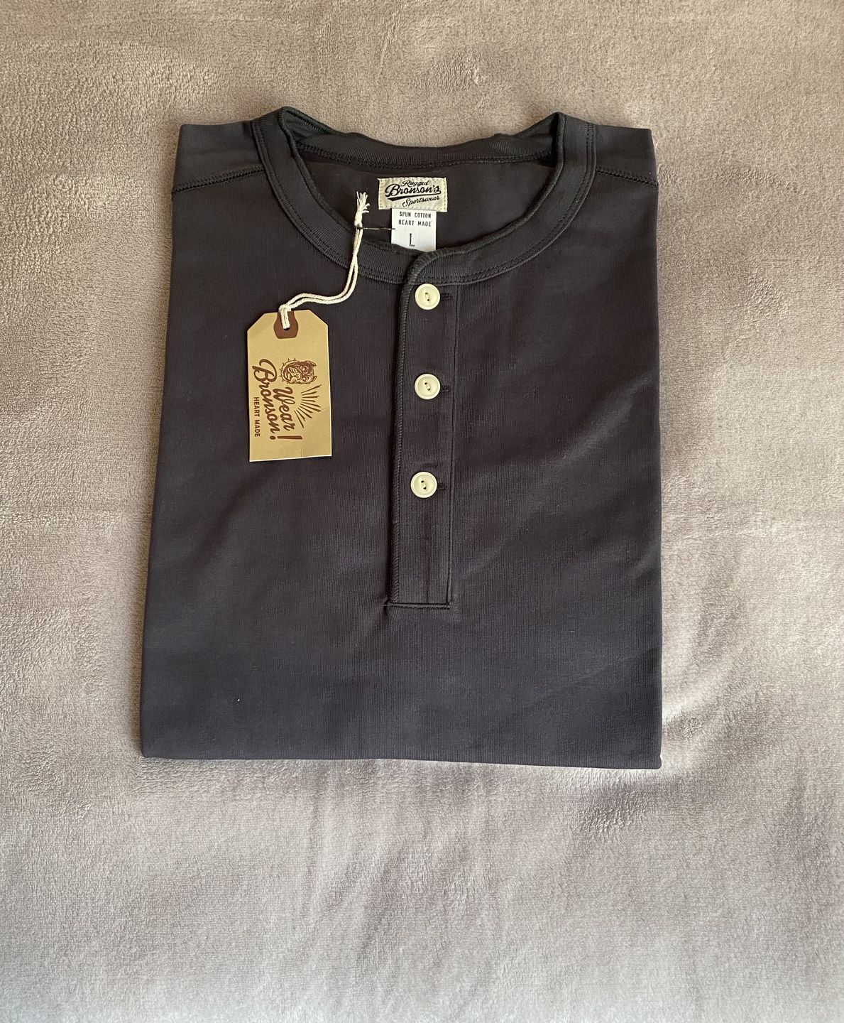 Customer photo review of 10.6 oz Cotton Short Sleeve Henley T-Shirt - Dark Gray