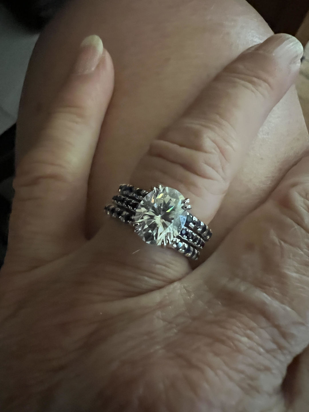 Customer photo review of Oval Moissanite With Sapphire Pave Engagement Ring