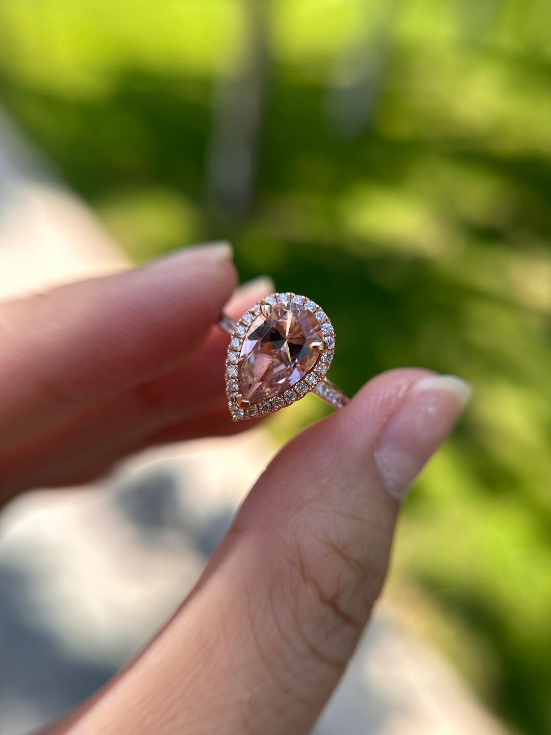 Customer photo review of Louily Rose Gold Halo Pear Cut Synthetic Morganite Engagement Ring