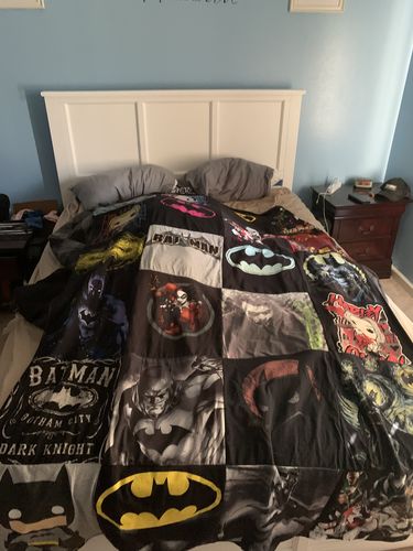 T-shirt quilt with superheroes, comic books themes by Sara from WI