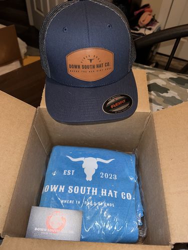 Customer photo review of CUSTOM LEATHER PATCH TRUCKER HAT - FLEXFIT 6511