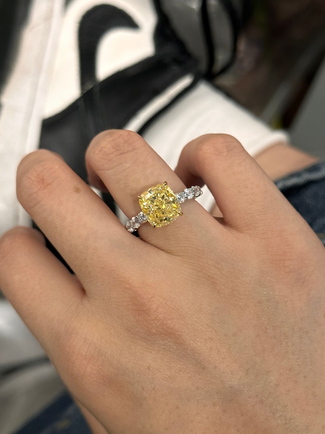 Customer photo review of Louily Stunning Two-tone Cushion Cut Yellow Sapphire Engagement Ring
