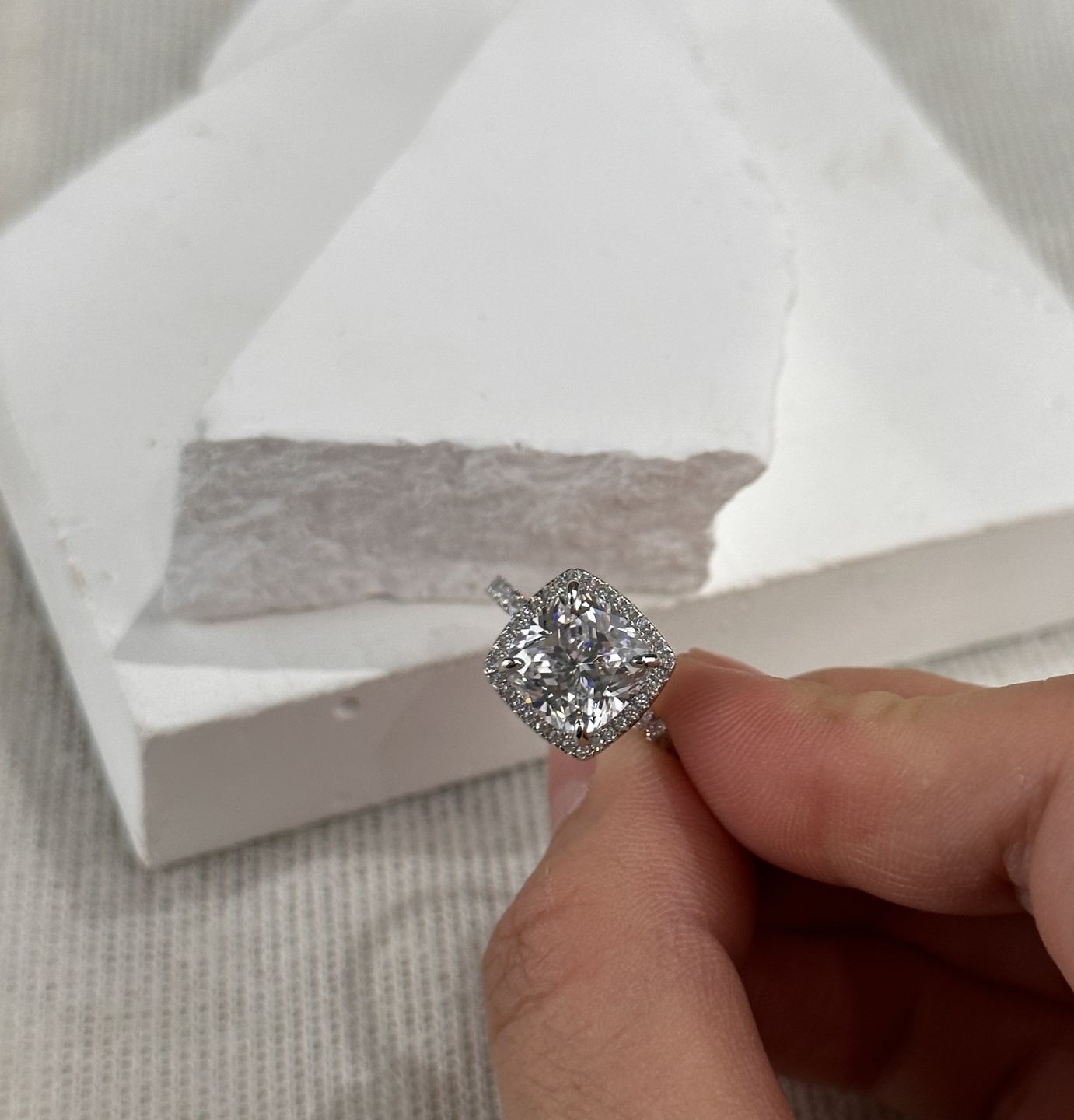 Customer photo review of Louily Halo Cushion Cut Engagement Ring In Sterling Silver
