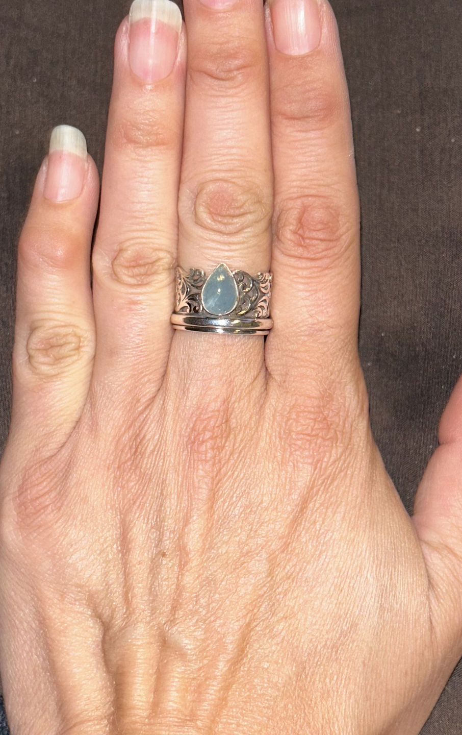 Customer photo review of Teardrop Aquamarine Fidget Ring Sterling Silver