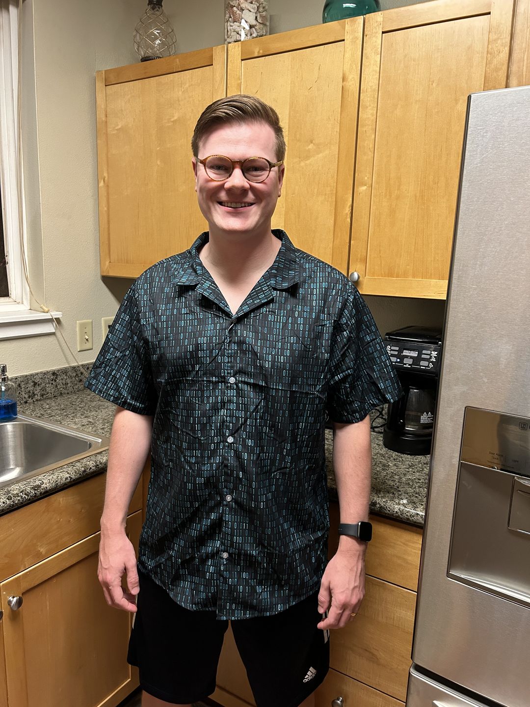 Customer photo review of Binary Computer 1s and 0s Teal Black Button Up Shirt