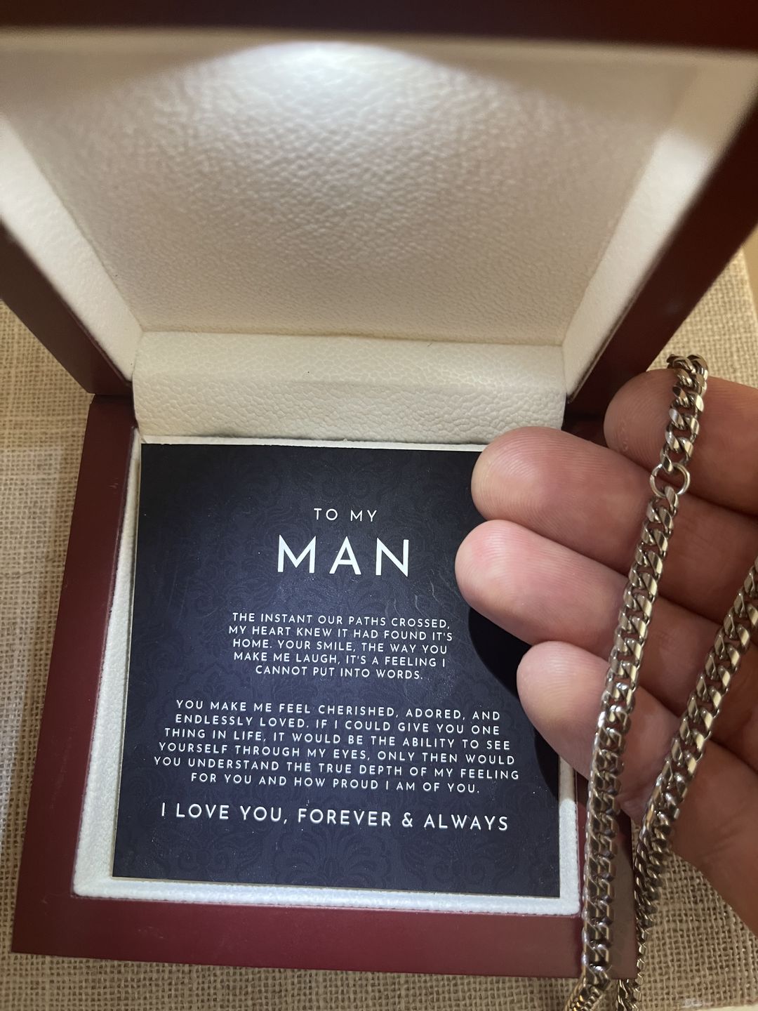 Customer photo review of To My Man Necklace, Husband Boyfriend Gift
