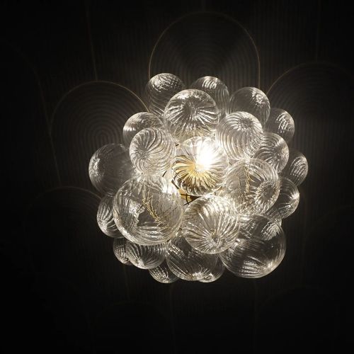 Customer photo review of 3-Light Brass Cluster Ribbed Glass Bubble Semi Flush Chandelier