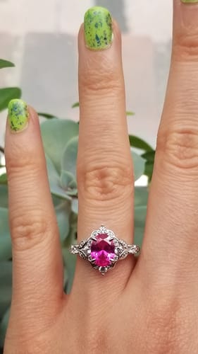 Customer photo review of Halo Art Deco Pink Oval CZ Ring in Sterling Silver