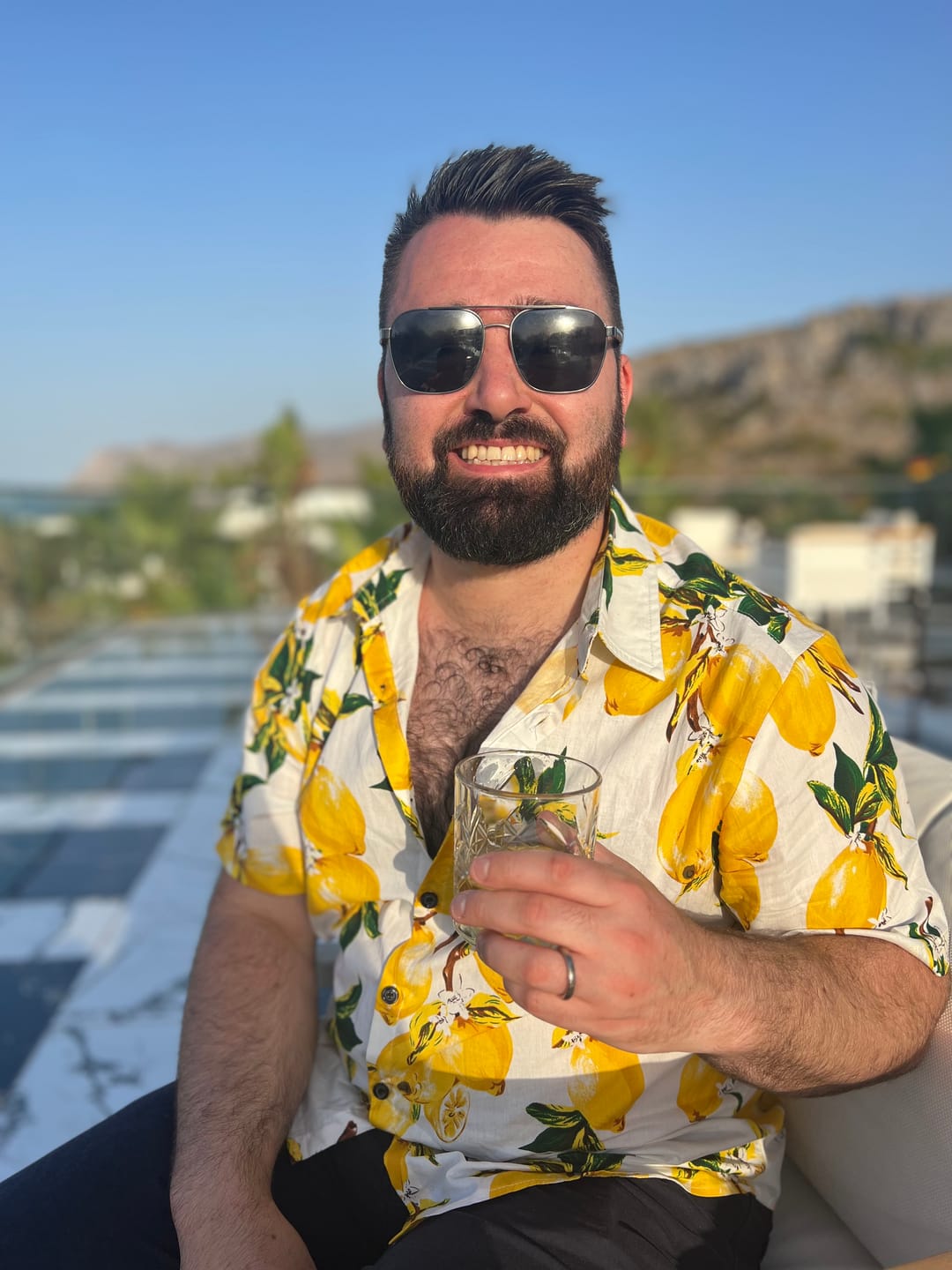 Customer photo review of Men's Lemon Print Short Sleeve Button Up Beach Summer Hawaiian Shirt