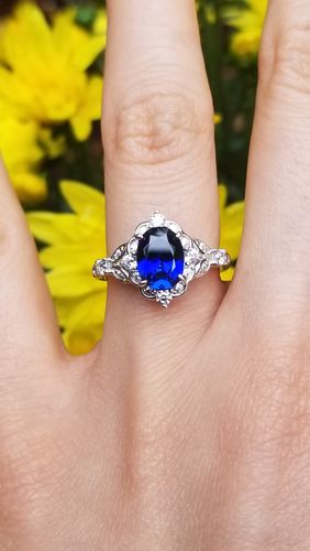 Customer photo review of Halo Art Deco Simulated Blue Sapphire CZ Ring in Sterling Silver