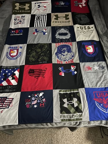 T-shirt quilt with patriotism, military themes by Angela from AR