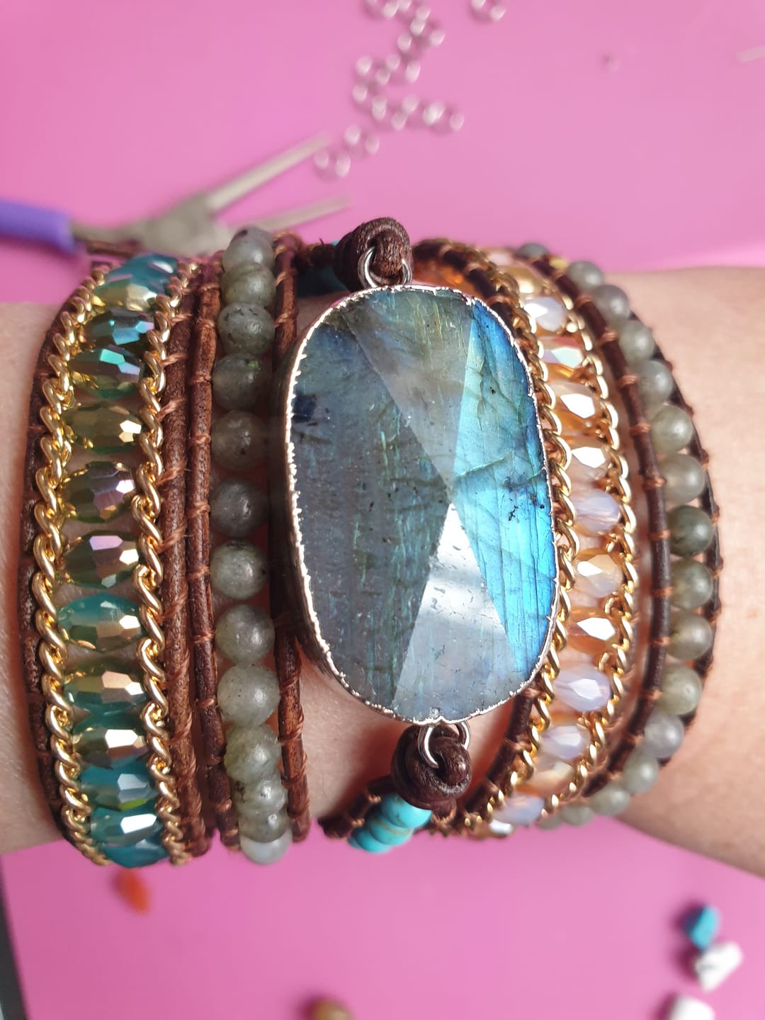 Customer photo review of Natural Labradorite & Gold Chain Bead Wrap Bracelet