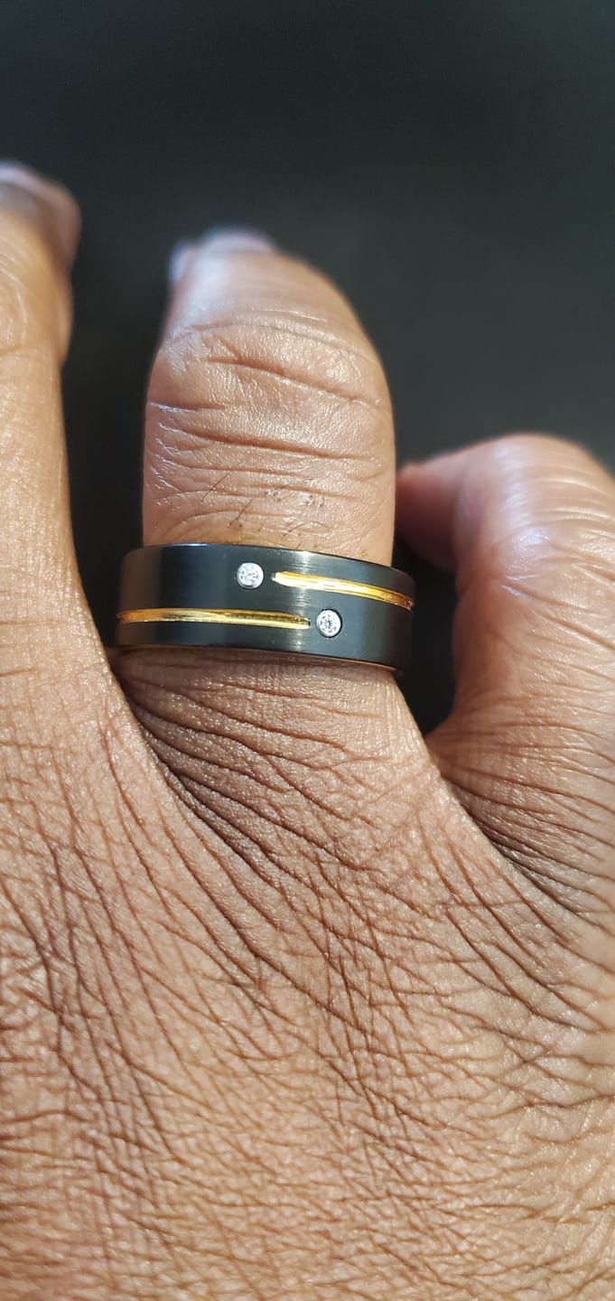Customer photo review of Mens Black Tungsten Carbide Wedding Band with Gold Grooves 2 CZ Diamonds.