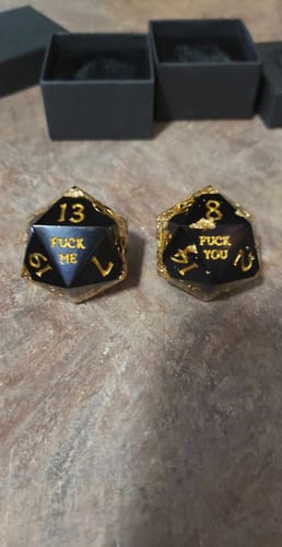 Customer photo review of Black Goldleaf Resin F Word DnD D&D Dice Set
