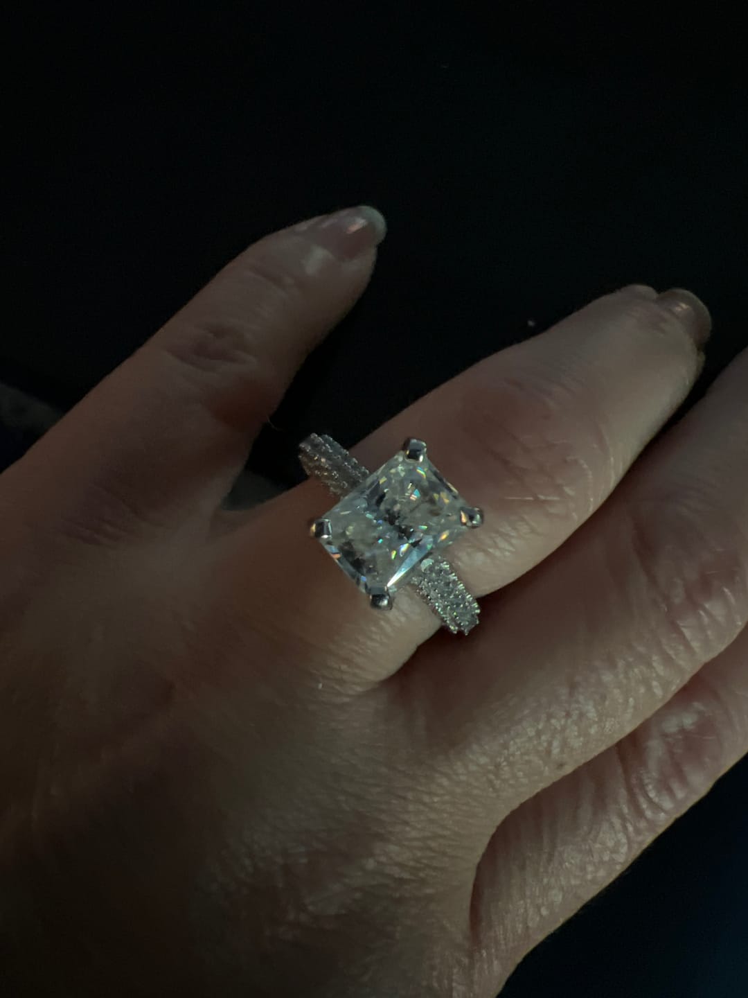 Customer photo review of Hidden Halo Radiant Moissanite Triple Row Pave Engagement Ring