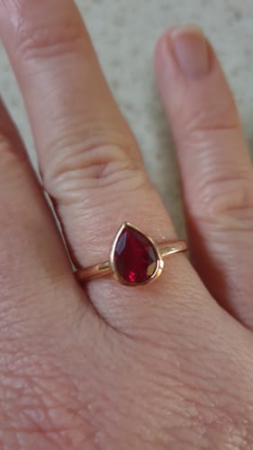 Customer photo review of Created Ruby Pear Shape Ring in 9ct Rose Gold