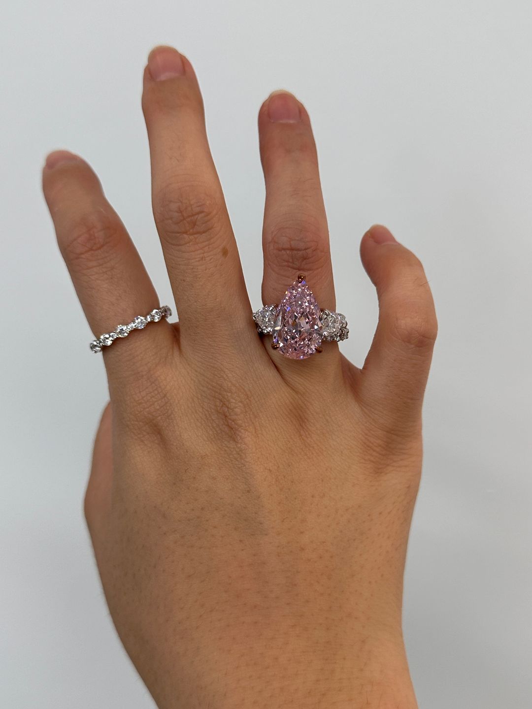 Customer photo review of S925 Stunning Pear Cut Yellow/Pink Sapphire Three Stone Engagement Ring