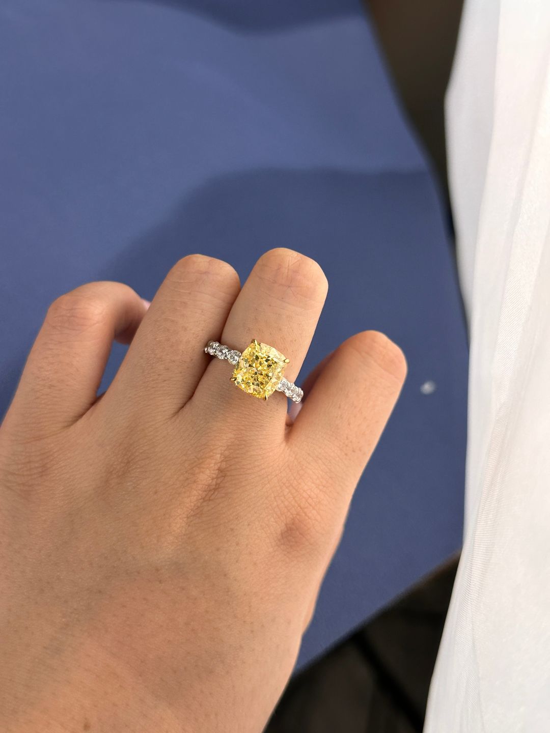 Customer photo review of Louily Stunning Two-tone Cushion Cut Yellow Sapphire Engagement Ring