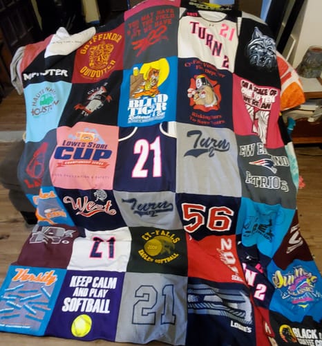 T-shirt quilt with softball, sports themes by Virginia from TX