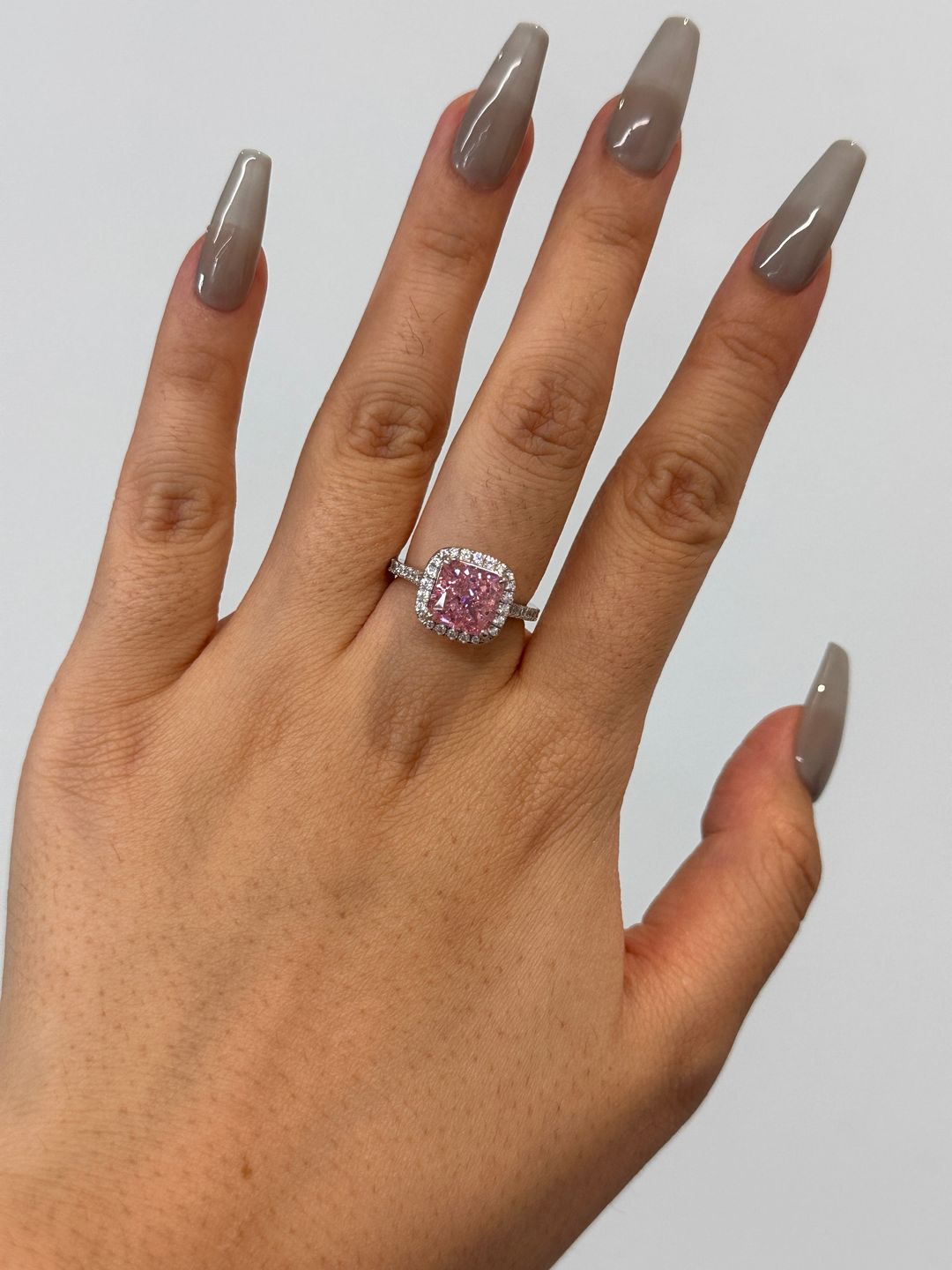 Customer photo review of Louily Lovely Halo Radiant Cut Pink Stone Engagement Ring