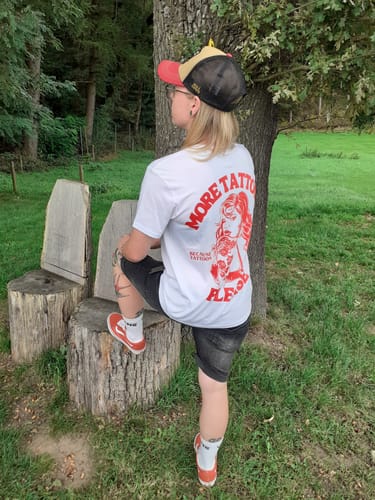 Customer photo review of More Tattoos please - Premium Backprint Shirt
