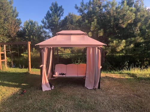 Customer photo review of Homrest 3-Seat Swing Chair,Outdoor Gazebo Swing,Porch Swings Outdoor with Double Tier Canopy,Netting Curtains,Side Trays,for Graden,Poolside Backyard(Khaki)