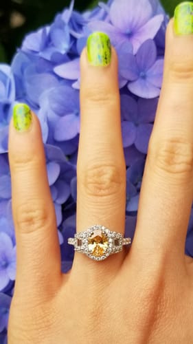 Customer photo review of 3-Stone Halo Yellow Oval CZ Ring in Sterling Silver 1.2ct