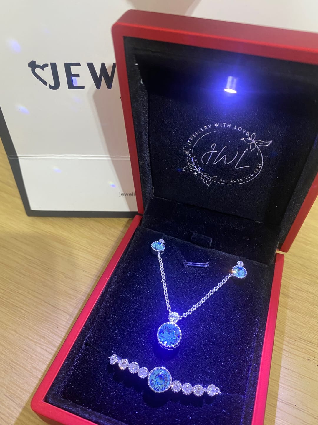 Customer photo review of Classic Round Aquamarine Solitaire Jewellery Set with Austrian Crystals