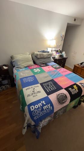 T-shirt quilt with sports, crafts themes by Elizabeth from IL