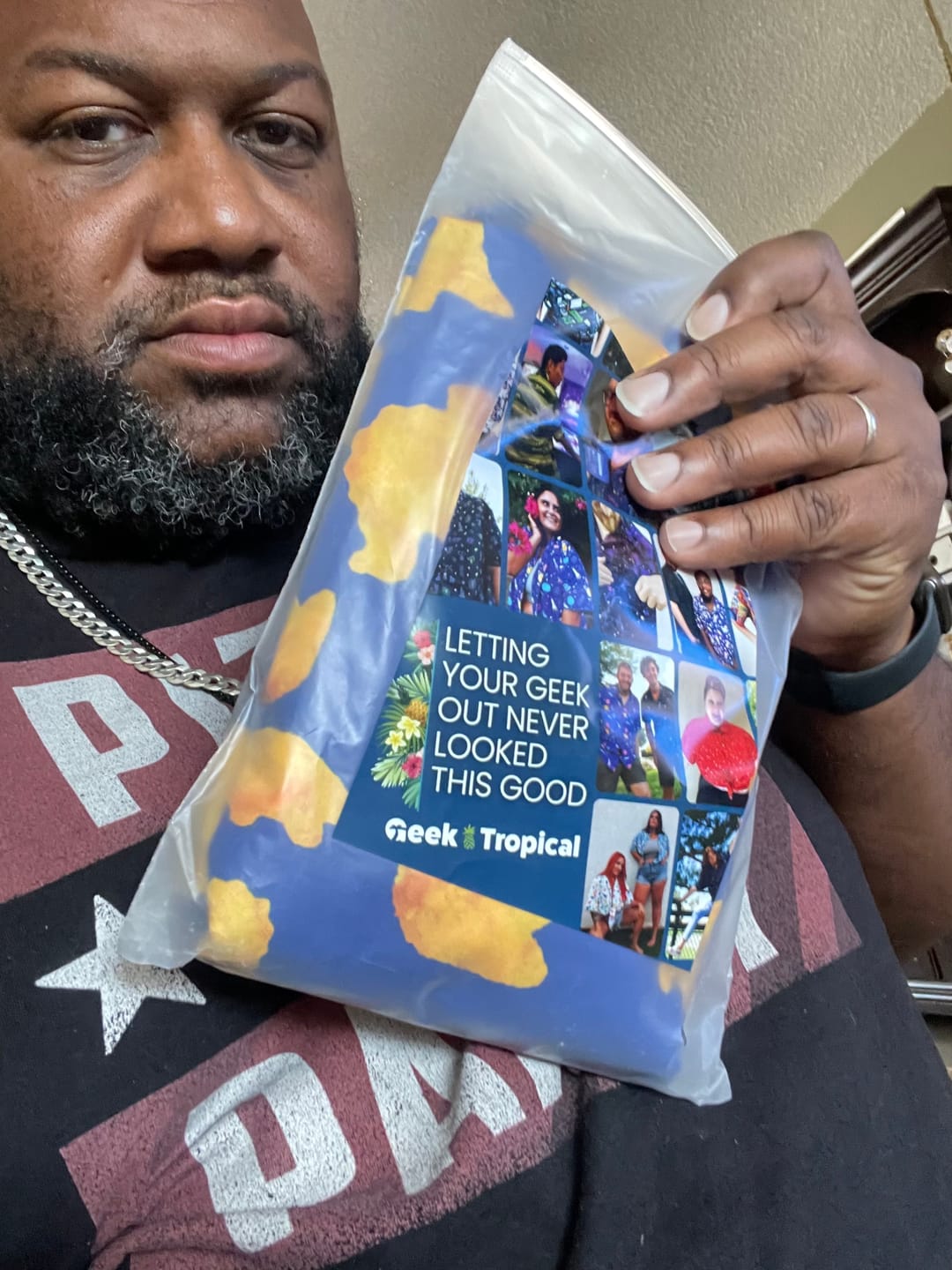 Customer photo review of Dinosaur Chicken Nuggets Blue Button Up Shirt