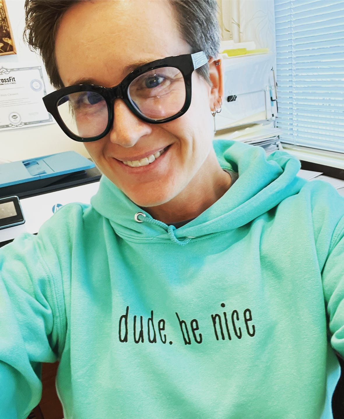 Customer photo review of dude. be nice Hoodie (Mint & Chip Collection)