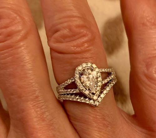 Customer photo review of Halo Wishbone Pear CZ Split Shank Ring Set in Sterling Silver