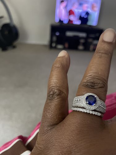 Customer photo review of Halo Milgrain Simulated Blue Sapphire CZ Ring in Sterling Silver