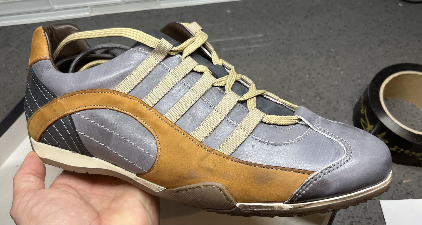 Customer photo review of Men's GrandPrix Sneaker in Beach Club (Faded Navy and Brown)