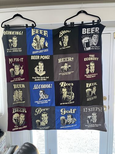 T-shirt quilt with beverages, social gatherings themes by Pamela from CA