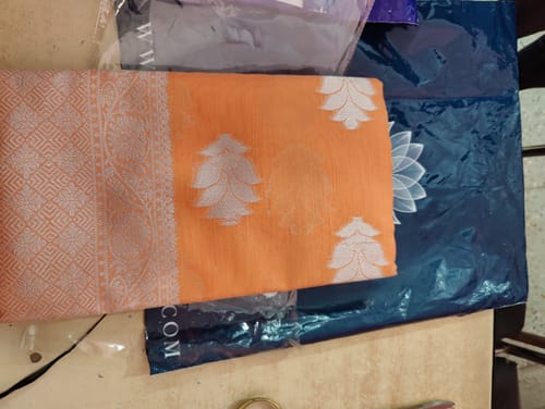 Customer photo review of Apricot Peach Banarasi Woven Linen Saree