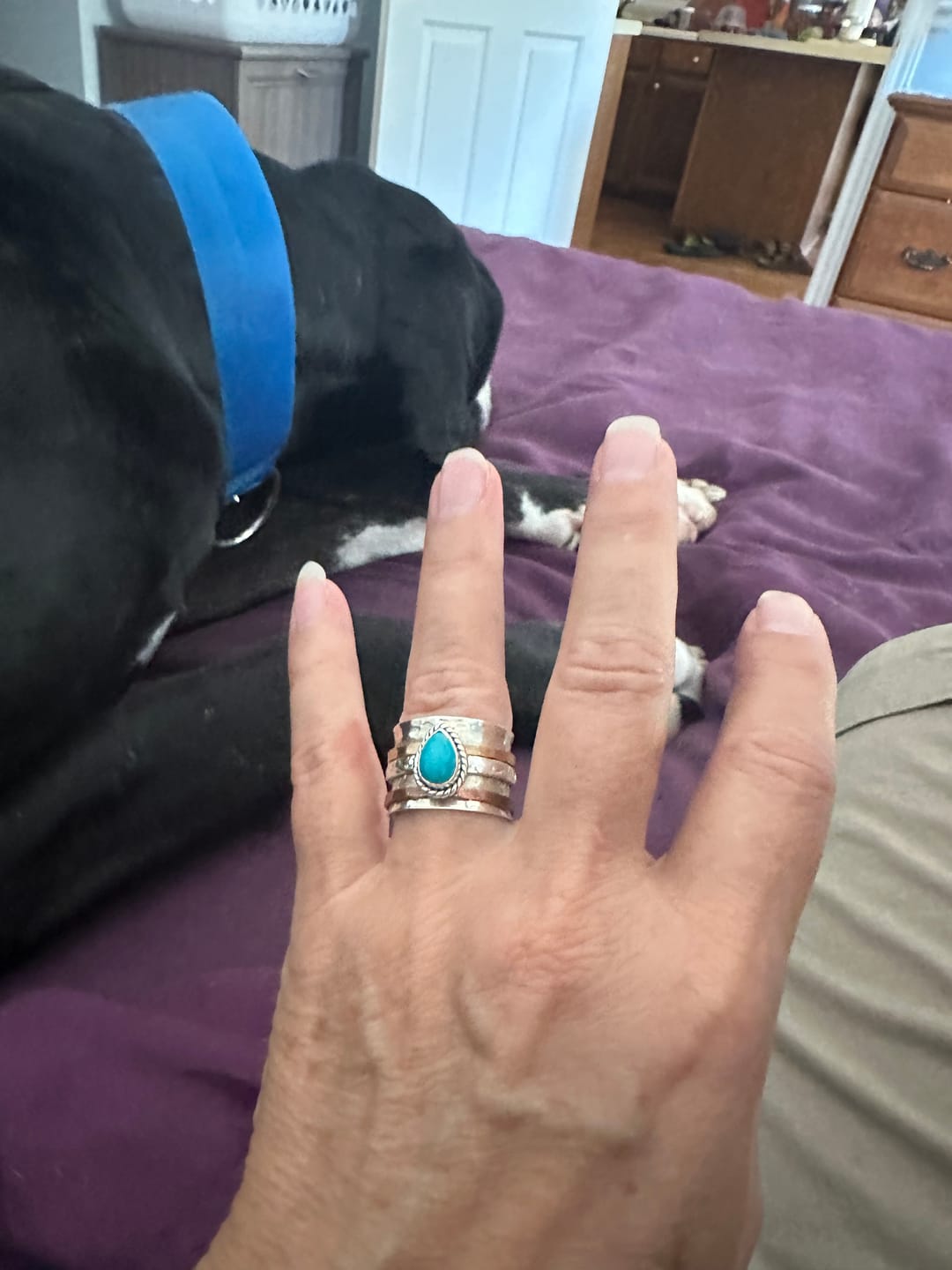 Customer photo review of Teardrop Turquoise Fidget Ring Sterling Silver