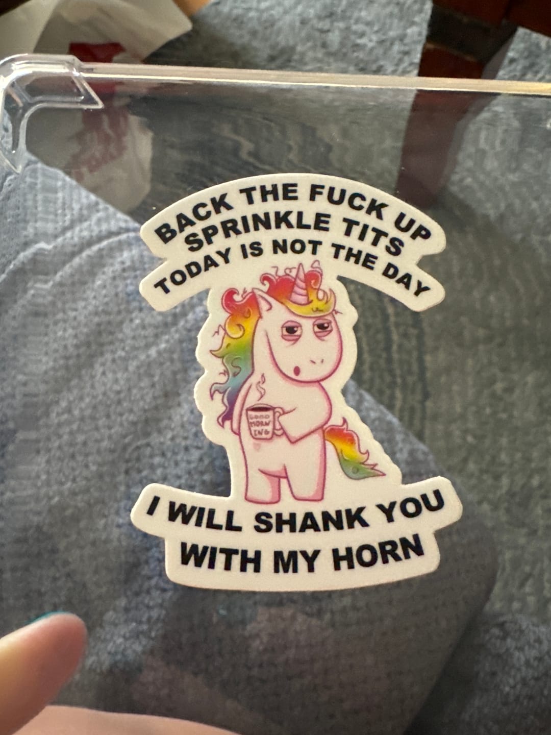 Customer photo review of Vulgar Unicorn Sticker