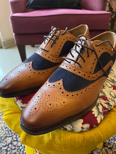 Customer photo review of Tan & Blue Suede Wingtip Oxfords
