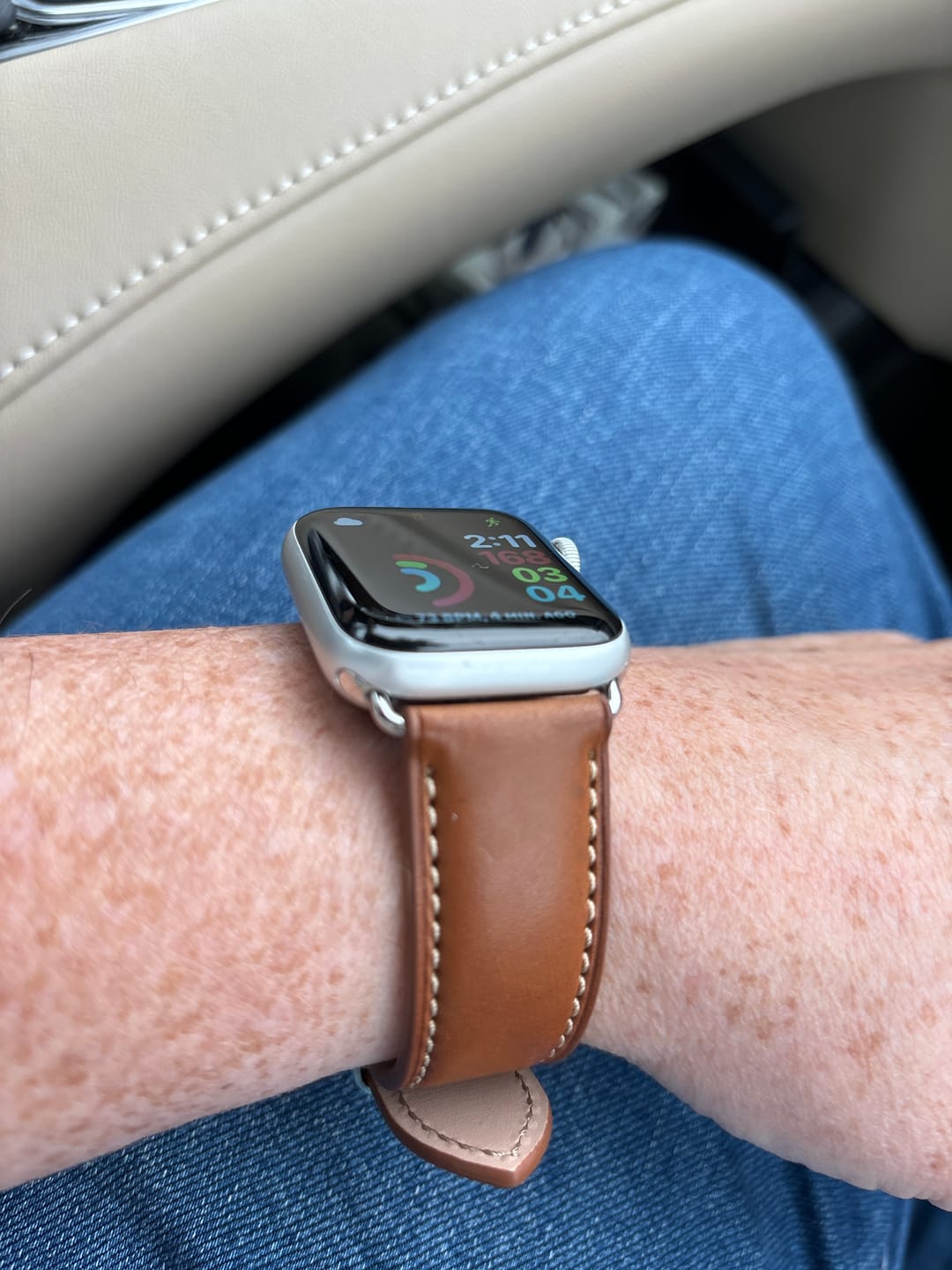 Customer photo review of The Executive French Leather Apple Watch Band - Barenia Tan