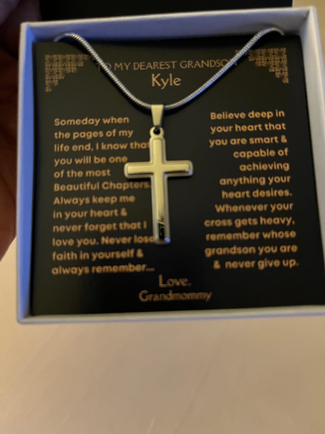 Customer photo review of Grandson, Never Lose Faith - Cross Necklace With Personalized Message Card (GS31-P)