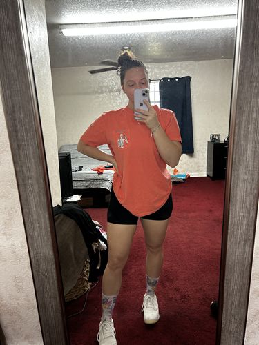 Customer photo review of Salty Savage Unisex "Peace Skeleton" Pocket Tee | Bright Coral
